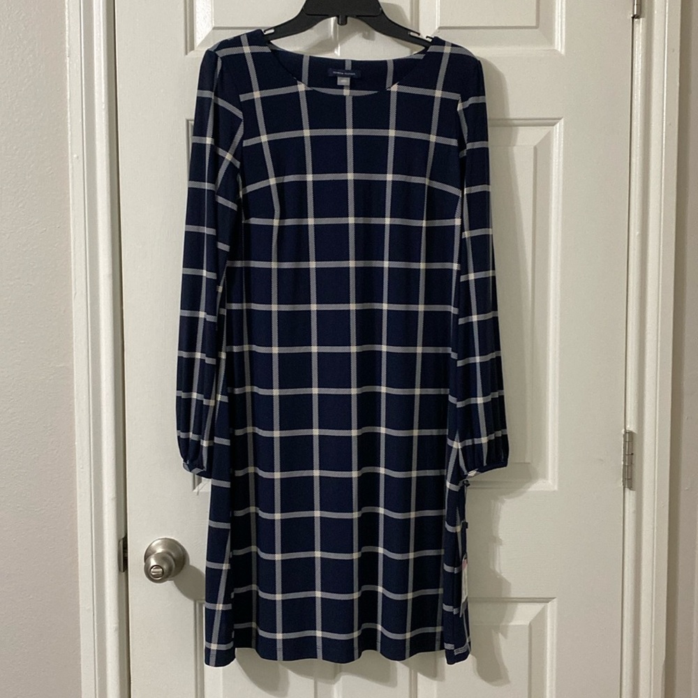 NWT Tommy Hilfiger long sleeve stretchy a line navy dress w/ cream grid pattern